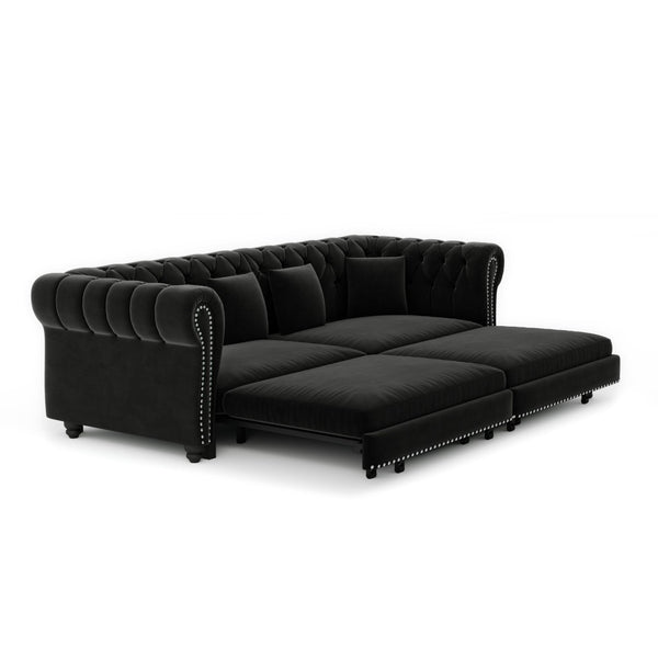 English Elm Chesterfield Velvet Sleeper Sofa Tufted 3 Seat Convertible Bed with Movable Ottoman Black W1885S00545
