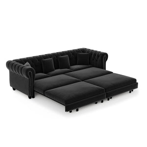 English Elm Chesterfield Velvet Sleeper Sofa Tufted 3 Seat Convertible Bed with Movable Ottoman Black W1885S00545