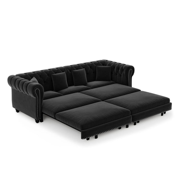 English Elm Chesterfield Velvet Sleeper Sofa Tufted 3 Seat Convertible Bed with Movable Ottoman Black W1885S00545