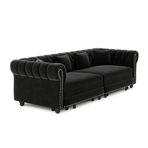 English Elm Chesterfield Velvet Sleeper Sofa Tufted 3 Seat Convertible Bed with Movable Ottoman Black W1885S00545
