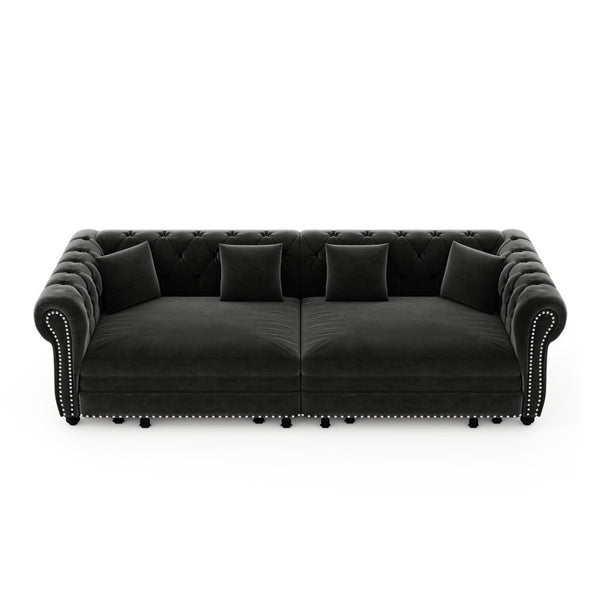 English Elm Chesterfield Velvet Sleeper Sofa Tufted 3 Seat Convertible Bed with Movable Ottoman Black W1885S00545