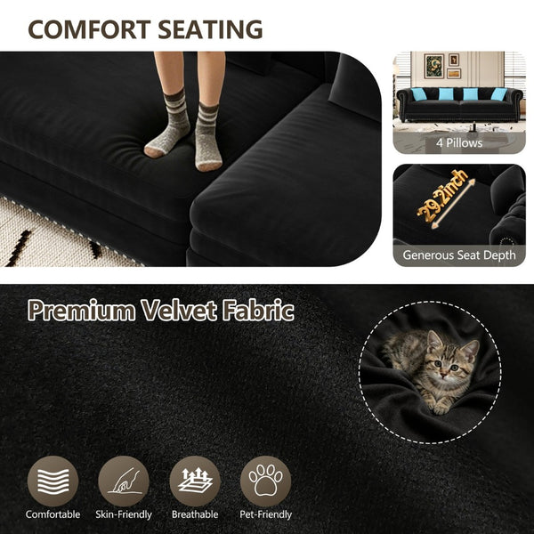 English Elm Chesterfield Velvet Sleeper Sofa Tufted 3 Seat Convertible Bed with Movable Ottoman Black W1885S00545