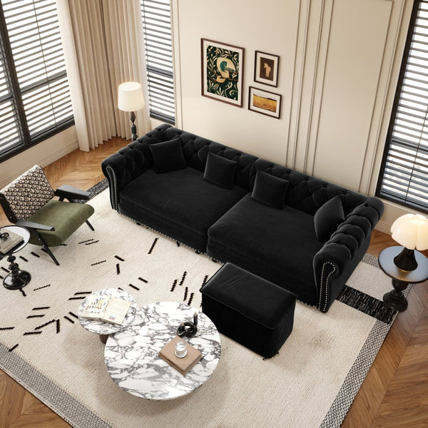 English Elm Chesterfield Velvet Sleeper Sofa Tufted 3 Seat Convertible Bed with Movable Ottoman Black W1885S00545