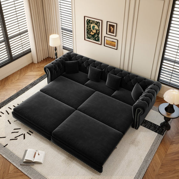 English Elm Chesterfield Velvet Sleeper Sofa Tufted 3 Seat Convertible Bed with Movable Ottoman Black W1885S00545