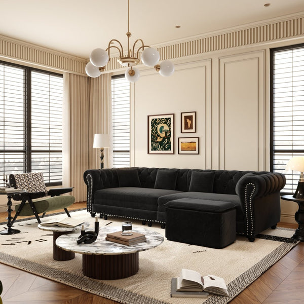 English Elm Chesterfield Velvet Sleeper Sofa Tufted 3 Seat Convertible Bed with Movable Ottoman Black W1885S00545