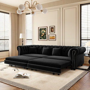 English Elm Chesterfield Velvet Sleeper Sofa Tufted 3 Seat Convertible Bed with Movable Ottoman Black W1885S00545