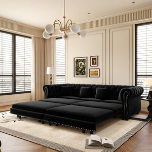 English Elm Chesterfield Velvet Sleeper Sofa Tufted 3 Seat Convertible Bed with Movable Ottoman Black W1885S00545