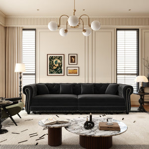 English Elm Chesterfield Velvet Sleeper Sofa Tufted 3 Seat Convertible Bed with Movable Ottoman Black W1885S00545