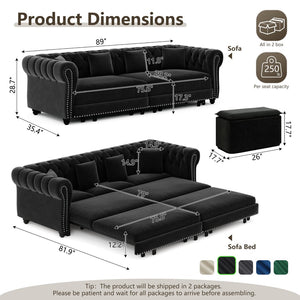 English Elm Chesterfield Velvet Sleeper Sofa Tufted 3 Seat Convertible Bed with Movable Ottoman Black W1885S00545
