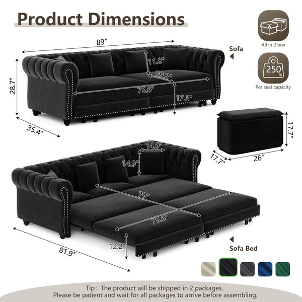 English Elm Chesterfield Velvet Sleeper Sofa Tufted 3 Seat Convertible Bed with Movable Ottoman Black W1885S00545