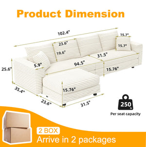 English Elm 102.4 Inch Corduroy 4-Seat Cloud Couch with Ottoman Deep Cushions Living Room W1885S00548