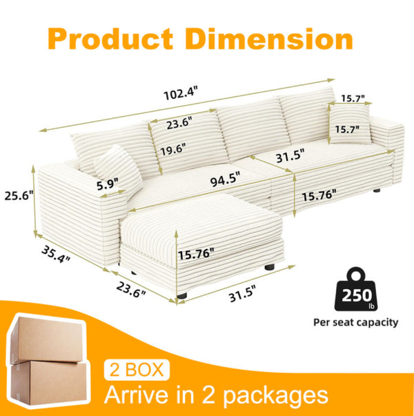 English Elm 102.4 Inch Corduroy 4-Seat Cloud Couch with Ottoman Deep Cushions Living Room W1885S00548