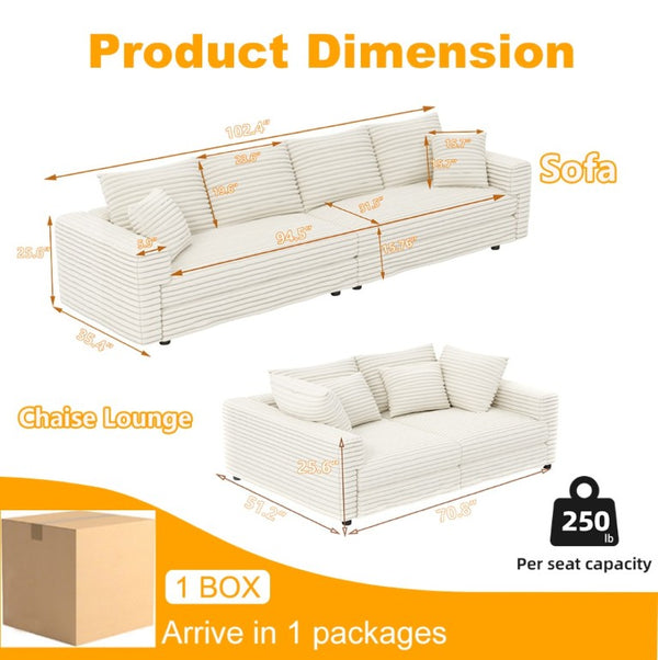 English Elm 102.4 Inch Corduroy 4-Seat Cloud Couch with Ottoman Deep Cushions Living Room W1885S00548