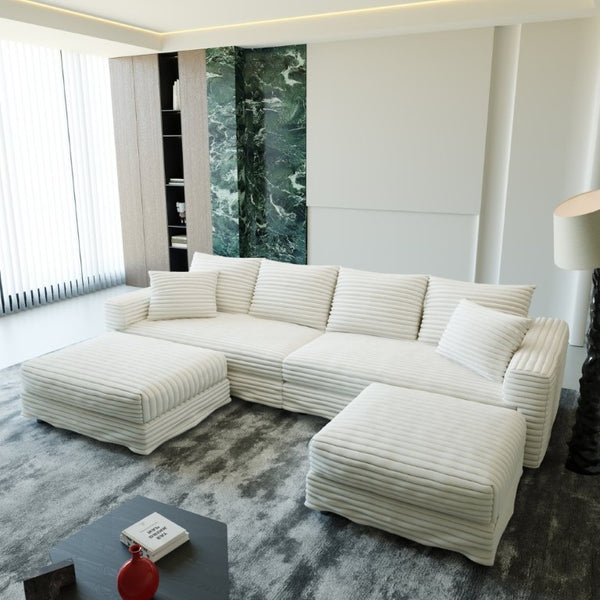 English Elm 102.4 Inch Plush Corduroy Cloud Sofa with Two Ottomans Deep Seat Lounge Living Room W1885S00549
