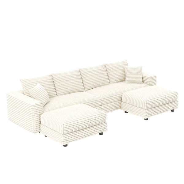 English Elm 102.4 Inch Plush Corduroy Cloud Sofa with Two Ottomans Deep Seat Lounge Living Room W1885S00549