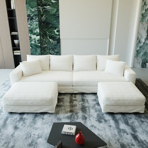 English Elm 102.4 Inch Plush Corduroy Cloud Sofa with Two Ottomans Deep Seat Lounge Living Room W1885S00549