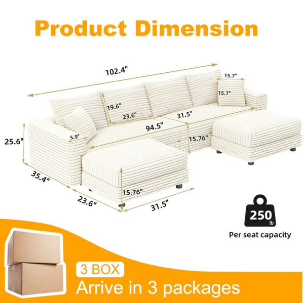English Elm 102.4 Inch Plush Corduroy Cloud Sofa with Two Ottomans Deep Seat Lounge Living Room W1885S00549