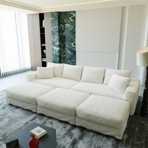 English Elm 102.4 Inch Plush Corduroy Cloud Sofa with Modular Ottomans for Deep Lounge Seating W1885S00551