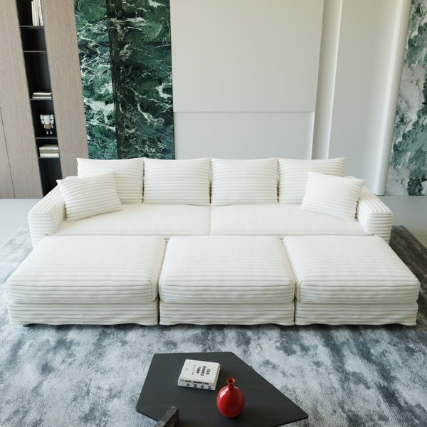 English Elm 102.4 Inch Plush Corduroy Cloud Sofa with Modular Ottomans for Deep Lounge Seating W1885S00551