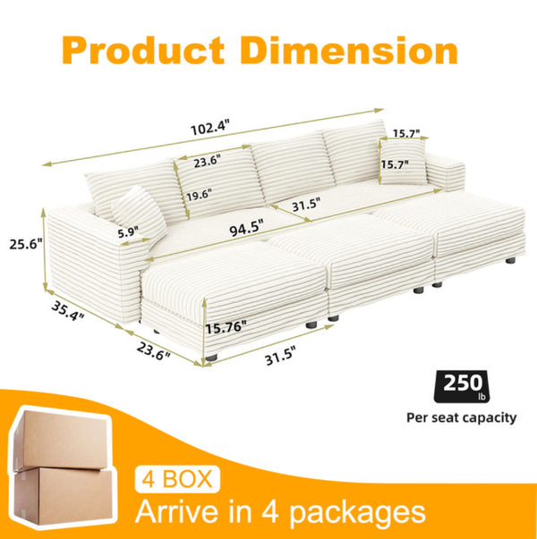 English Elm 102.4 Inch Plush Corduroy Cloud Sofa with Modular Ottomans for Deep Lounge Seating W1885S00551