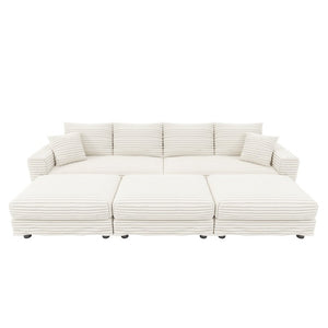 English Elm 102.4 Inch Plush Corduroy Cloud Sofa with Modular Ottomans for Deep Lounge Seating W1885S00551