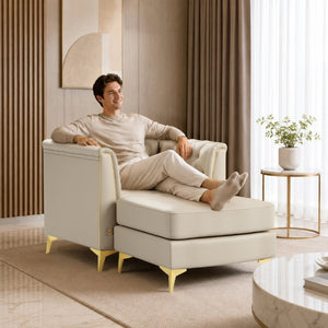 English Elm 40.1 Inch Chesterfield Single Sofa Faux Leather Tufted Seat with Metal Tapered Legs Beige+White W1885S00552