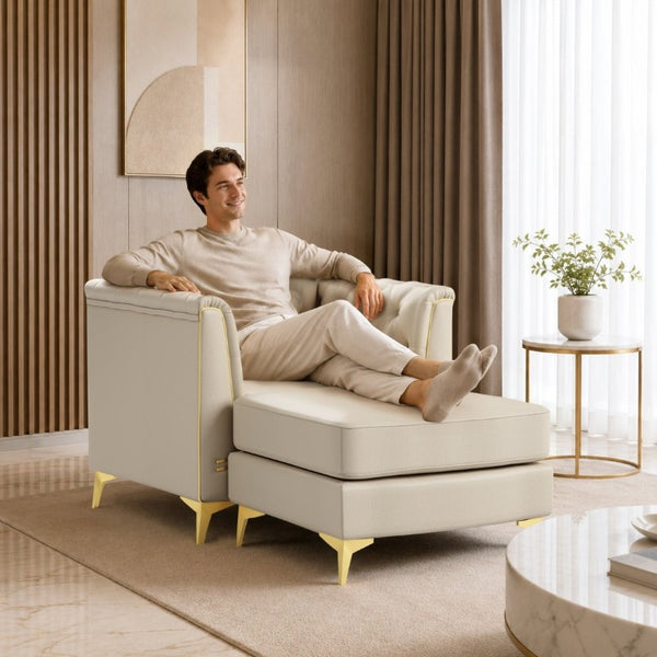 English Elm 40.1 Inch Chesterfield Single Sofa Faux Leather Tufted Seat with Metal Tapered Legs Beige+White W1885S00552