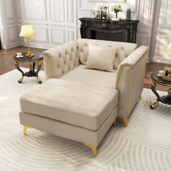 English Elm 40.1 Inch Chesterfield Single Sofa Faux Leather Tufted Seat with Metal Tapered Legs Beige+White W1885S00552