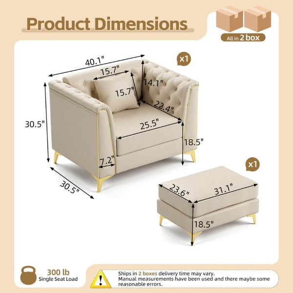 English Elm 40.1 Inch Chesterfield Single Sofa Faux Leather Tufted Seat with Metal Tapered Legs Beige+White W1885S00552