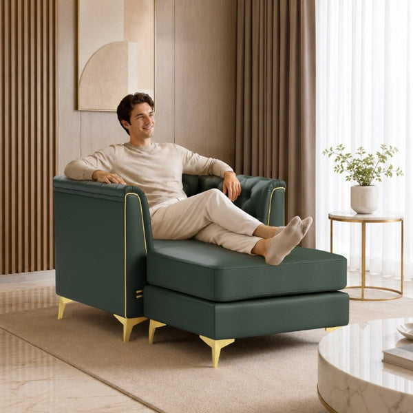 English Elm 40.1 Inch Chesterfield Single Sofa Faux Leather Tufted Seat with Metal Tapered Legs Green W1885S00553