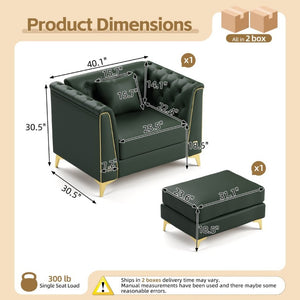 English Elm 40.1 Inch Chesterfield Single Sofa Faux Leather Tufted Seat with Metal Tapered Legs Green W1885S00553