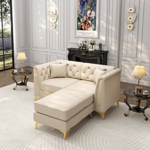 English Elm 61.8 Inch Faux Leather Chesterfield Sofa Tufted Two Seat Apartment Living Room Couch Beige+White W1885S00554