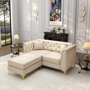 English Elm 61.8 Inch Faux Leather Chesterfield Sofa Tufted Two Seat Apartment Living Room Couch Beige+White W1885S00554