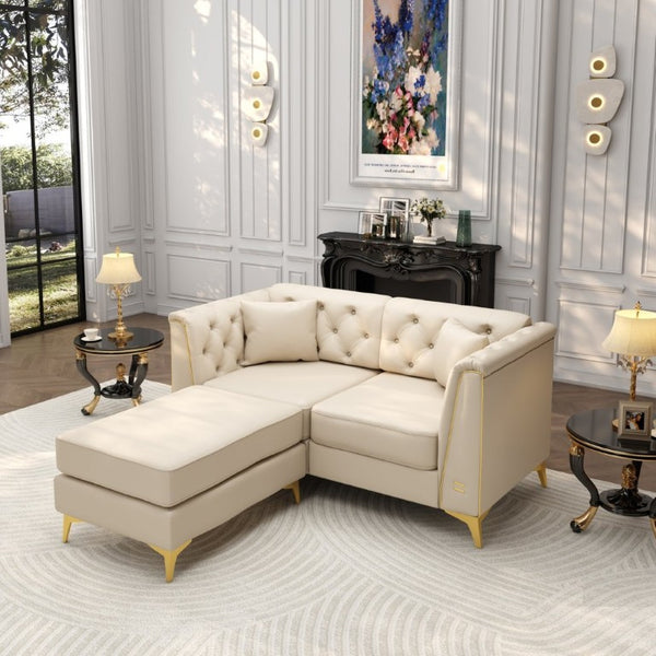 English Elm 61.8 Inch Faux Leather Chesterfield Sofa Tufted Two Seat Apartment Living Room Couch Beige+White W1885S00554