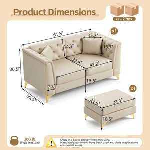English Elm 61.8 Inch Faux Leather Chesterfield Sofa Tufted Two Seat Apartment Living Room Couch Beige+White W1885S00554