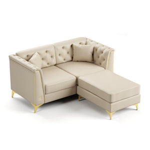 English Elm 61.8 Inch Faux Leather Chesterfield Sofa Tufted Two Seat Apartment Living Room Couch Beige+White W1885S00554