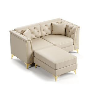 English Elm 61.8 Inch Faux Leather Chesterfield Sofa Tufted Two Seat Apartment Living Room Couch Beige+White W1885S00554