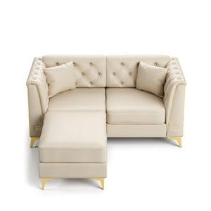 English Elm 61.8 Inch Faux Leather Chesterfield Sofa Tufted Two Seat Apartment Living Room Couch Beige+White W1885S00554