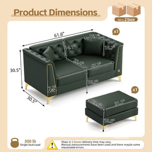 English Elm 61.8 Inch Faux Leather Chesterfield Sofa Tufted Two Seat Apartment Living Room Couch Green W1885S00555