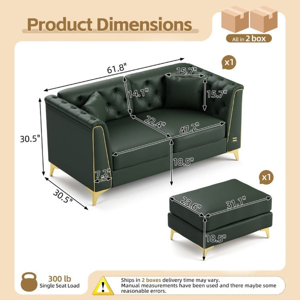 English Elm 61.8 Inch Faux Leather Chesterfield Sofa Tufted Two Seat Apartment Living Room Couch Green W1885S00555