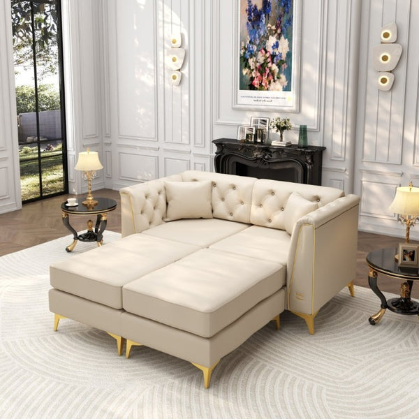 English Elm 61.8 Inch Chesterfield Loveseat Faux Leather Button Tufted Sofa with Metal Legs for Apartment Beige+White W1885S00556