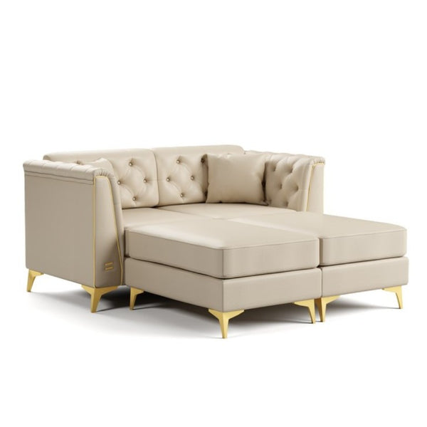 English Elm 61.8 Inch Chesterfield Loveseat Faux Leather Button Tufted Sofa with Metal Legs for Apartment Beige+White W1885S00556