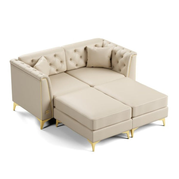 English Elm 61.8 Inch Chesterfield Loveseat Faux Leather Button Tufted Sofa with Metal Legs for Apartment Beige+White W1885S00556