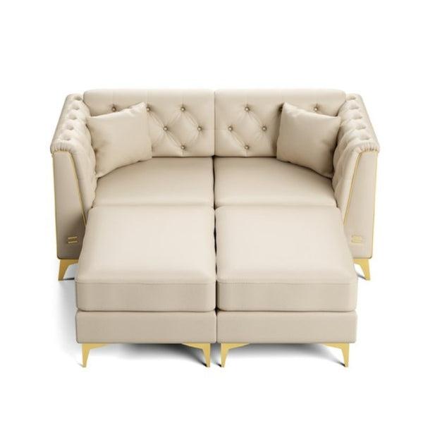 English Elm 61.8 Inch Chesterfield Loveseat Faux Leather Button Tufted Sofa with Metal Legs for Apartment Beige+White W1885S00556