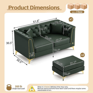 English Elm 61.8 Inch Chesterfield Loveseat Faux Leather Button Tufted Sofa with Metal Legs for Apartment Green W1885S00557
