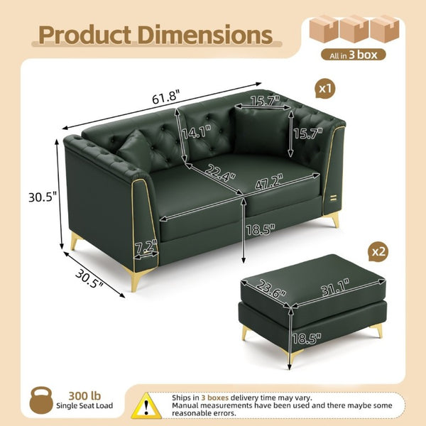 English Elm 61.8 Inch Chesterfield Loveseat Faux Leather Button Tufted Sofa with Metal Legs for Apartment Green W1885S00557