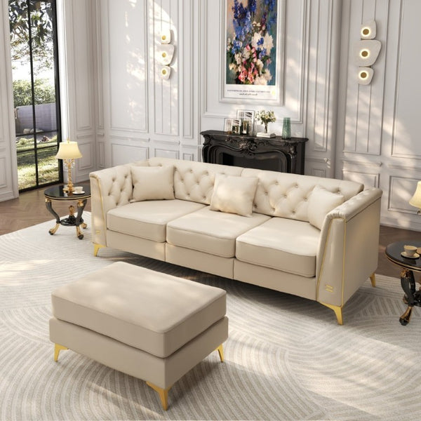 English Elm 81.5 Inch Tufted Faux Leather Chesterfield Sofa with Metal Trim Arms and Tapered Legs Beige+White W1885S00558