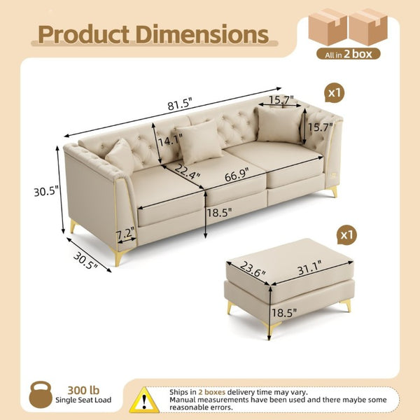 English Elm 81.5 Inch Tufted Faux Leather Chesterfield Sofa with Metal Trim Arms and Tapered Legs Beige+White W1885S00558