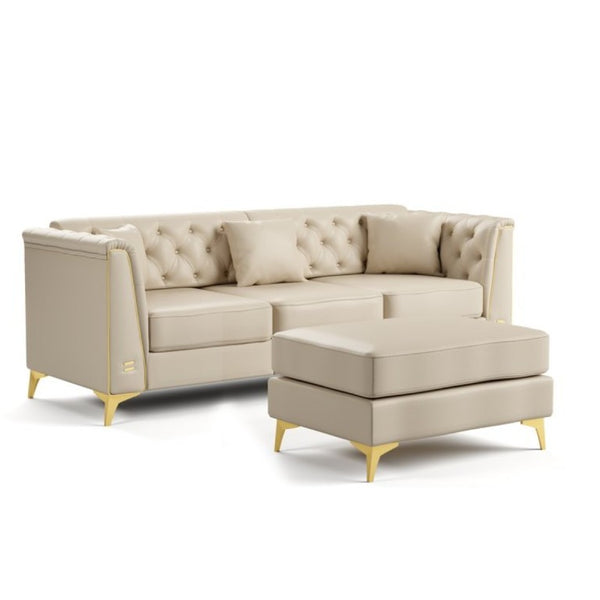 English Elm 81.5 Inch Tufted Faux Leather Chesterfield Sofa with Metal Trim Arms and Tapered Legs Beige+White W1885S00558