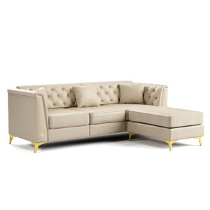 English Elm 81.5 Inch Tufted Faux Leather Chesterfield Sofa with Metal Trim Arms and Tapered Legs Beige+White W1885S00558